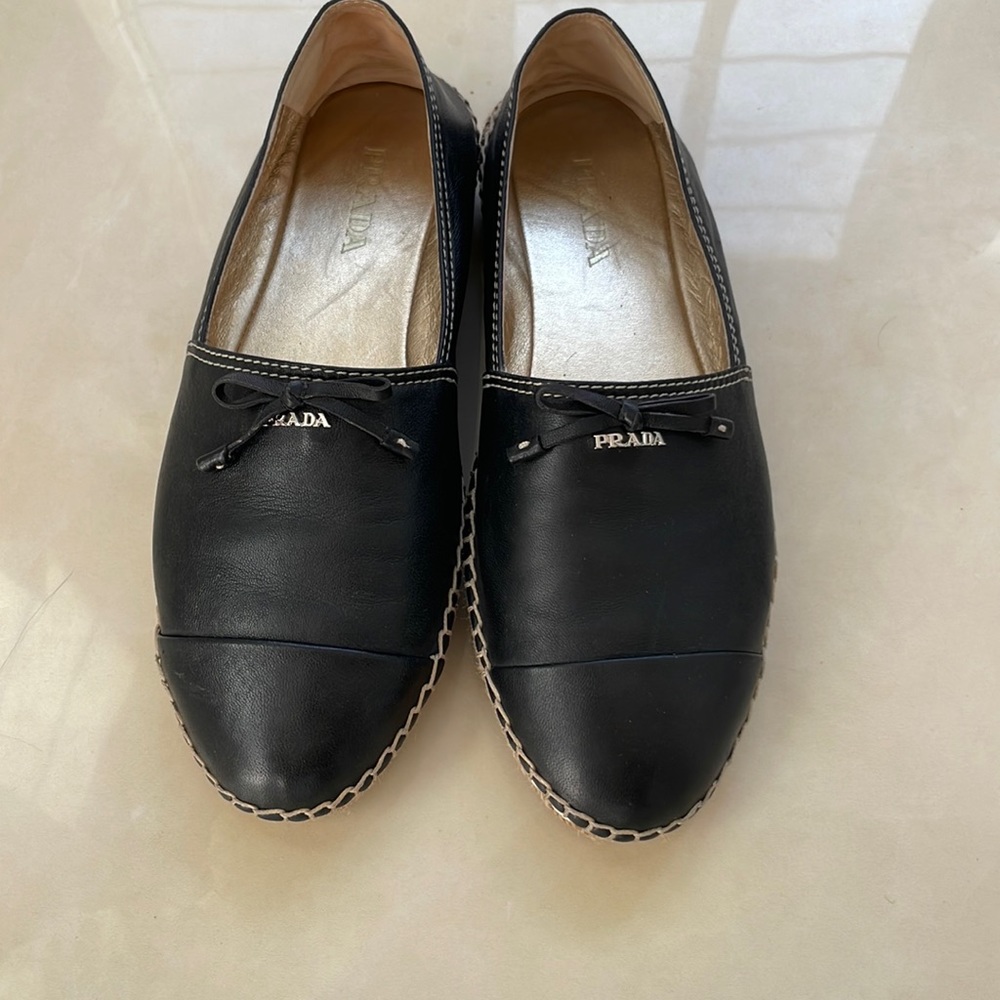 Prada Women’s Calzature Nappa Black Leather Espadrille w/ Bow -Size 38